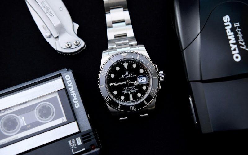 silver link bracelet round analog watch